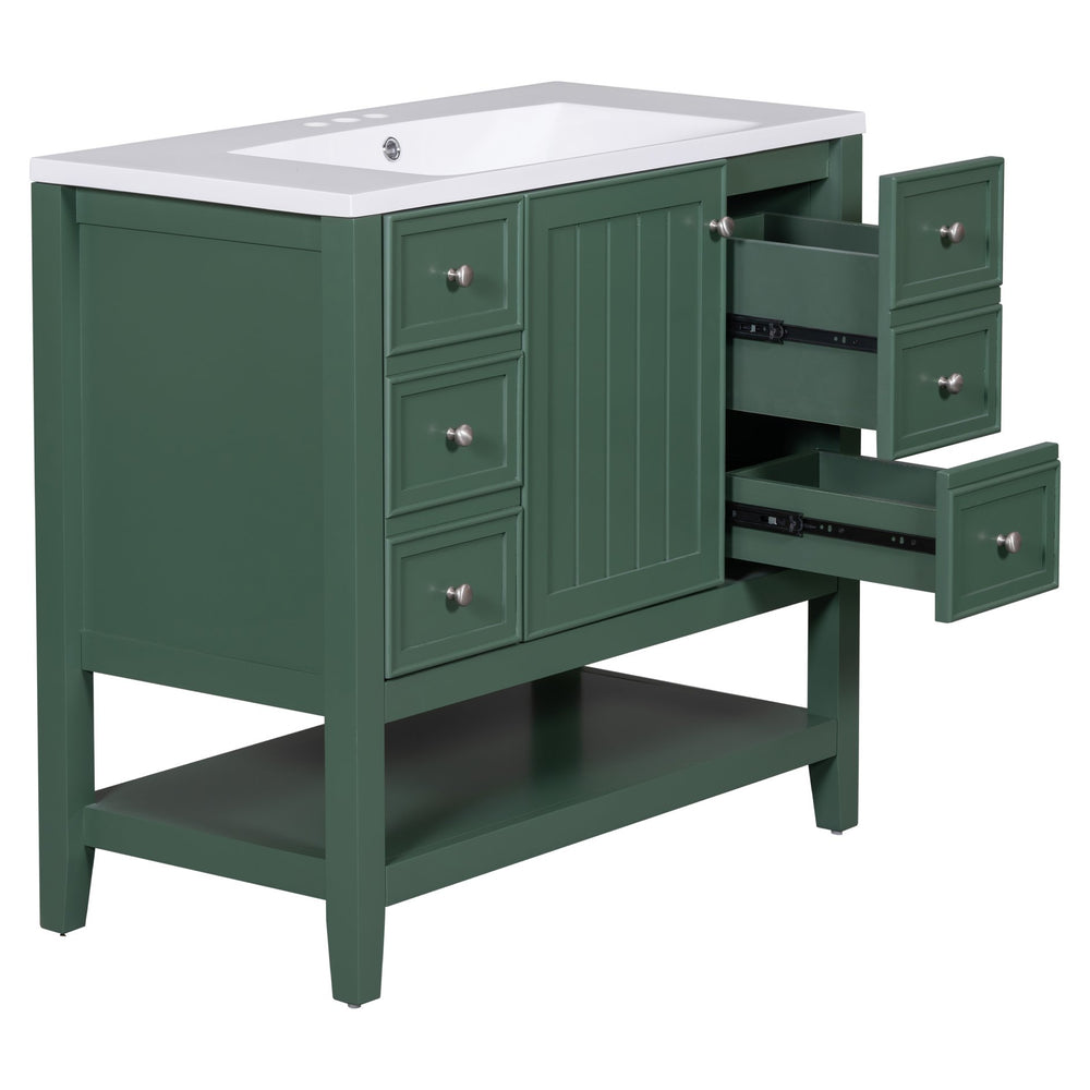 English Elm 36" Bathroom Vanity With Ceramic Sink, Solid Wood, 3 Drawers & Adjustable Shelf In Elegant Green Finish N725P246500G