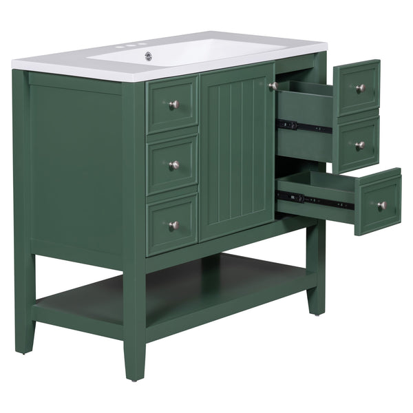 English Elm 36" Bathroom Vanity With Ceramic Sink, Solid Wood, 3 Drawers & Adjustable Shelf In Elegant Green Finish N725P246500G