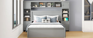 English Elm Queen Platform Bed with Headboard Storage Shelves Built-in Outlets and Trundle Drawer Gray LP000842AAE