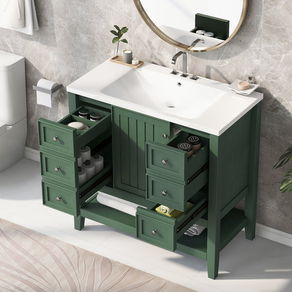 English Elm 36" Bathroom Vanity With Ceramic Sink, Solid Wood, 3 Drawers & Adjustable Shelf In Elegant Green Finish N725P246500G