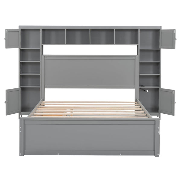 English Elm Queen Platform Bed with Headboard Storage Shelves Built-in Outlets and Trundle Drawer Gray LP000842AAE