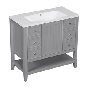 English Elm 36" Stylish Bathroom Vanity With Ceramic Sink, Solid Wood, 1 Cabinet & 3 Drawers, Grey Finish N725P246500E