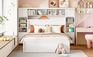 English Elm Queen Storage Bed with Shelving Cabinets Built-in Outlets and Four Under Drawers LP000742AAK
