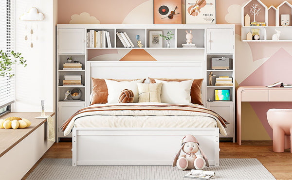 English Elm Queen Storage Bed with Shelving Cabinets Built-in Outlets and Four Under Drawers LP000742AAK