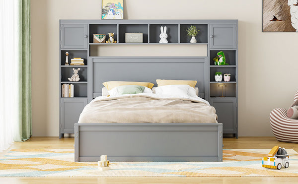 English Elm Queen Storage Bed with Shelving Cabinets Built-in Outlets and Four Under Drawers Gray LP000742AAE