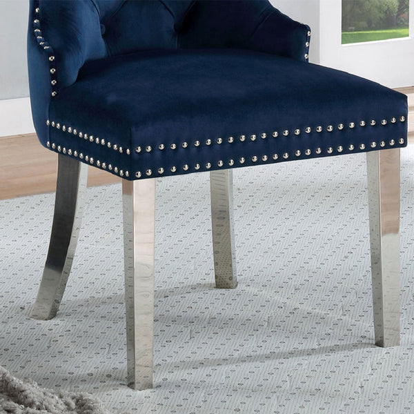 English Elm Set of 2 Wingback Dining Chairs in Blue Flannelette Velvet with Button Tufting, Studs & Chrome Legs B016P156857