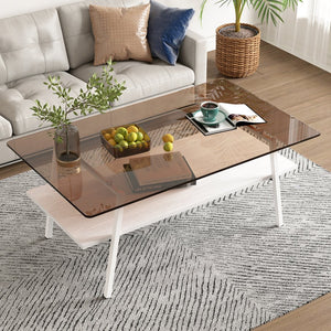 English Elm Coffee Table And End Tables Set Of 3 – Modern Brown Glass, Sturdy Iron Legs, Ideal For Living Room W241S00044