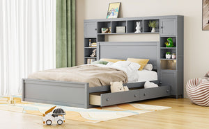 English Elm Queen Storage Bed with Shelving Cabinets Built-in Outlets and Four Under Drawers Gray LP000742AAE