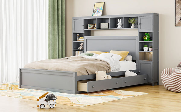 English Elm Queen Storage Bed with Shelving Cabinets Built-in Outlets and Four Under Drawers Gray LP000742AAE
