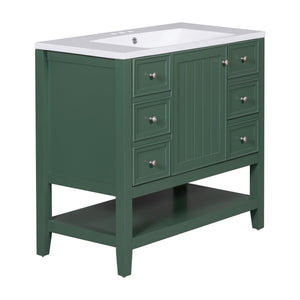 English Elm 36" Bathroom Vanity With Ceramic Sink, Solid Wood, 3 Drawers & Adjustable Shelf In Elegant Green Finish N725P246500G