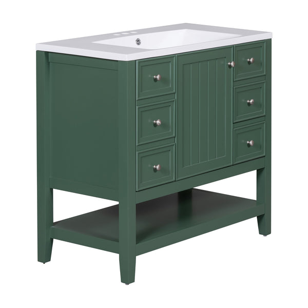 English Elm 36" Bathroom Vanity With Ceramic Sink, Solid Wood, 3 Drawers & Adjustable Shelf In Elegant Green Finish N725P246500G