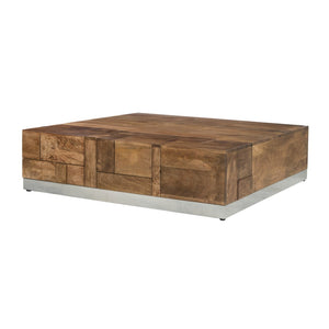 English Elm Luxvil Solid Mango Wood Square Coffee Table Geometric Carved Top Metal Base Living Room B024P156852