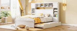 English Elm Queen Platform Bed with Headboard Storage Shelves Built-in Outlets and Trundle Drawer White LP000842AAK