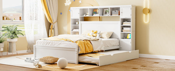 English Elm Queen Platform Bed with Headboard Storage Shelves Built-in Outlets and Trundle Drawer White LP000842AAK