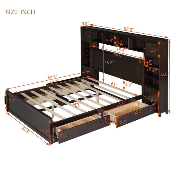 English Elm Queen Storage Bed with Shelving Cabinets Built-in Outlets and Four Under Drawers Espresso LP000742AAP