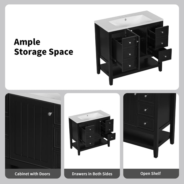 English Elm 36" Bathroom Vanity With Ceramic Sink, Solid Wood Frame, Modern Black Finish & Ample Storage Solutions N725P246500B