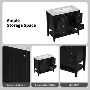 English Elm 36" Modern Black Bathroom Vanity Base with 1 Door, 3 Drawers, Solid Poplar Build, Undermount Ready, 200lb Capacity WF306244AAB