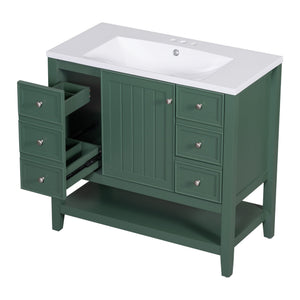 English Elm 36" Bathroom Vanity With Ceramic Sink, Solid Wood, 3 Drawers & Adjustable Shelf In Elegant Green Finish N725P246500G