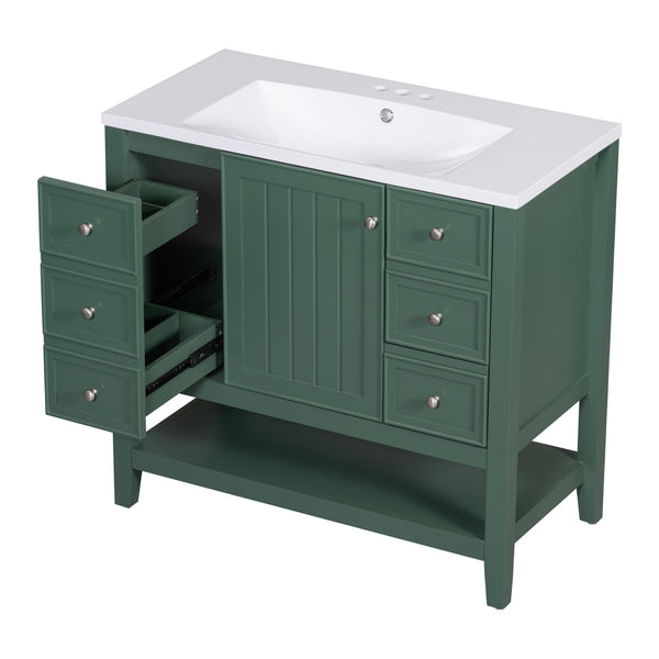English Elm 36" Bathroom Vanity With Ceramic Sink, Solid Wood, 3 Drawers & Adjustable Shelf In Elegant Green Finish N725P246500G