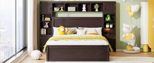 English Elm Queen Storage Bed with Shelving Cabinets Built-in Outlets and Four Under Drawers Espresso LP000742AAP