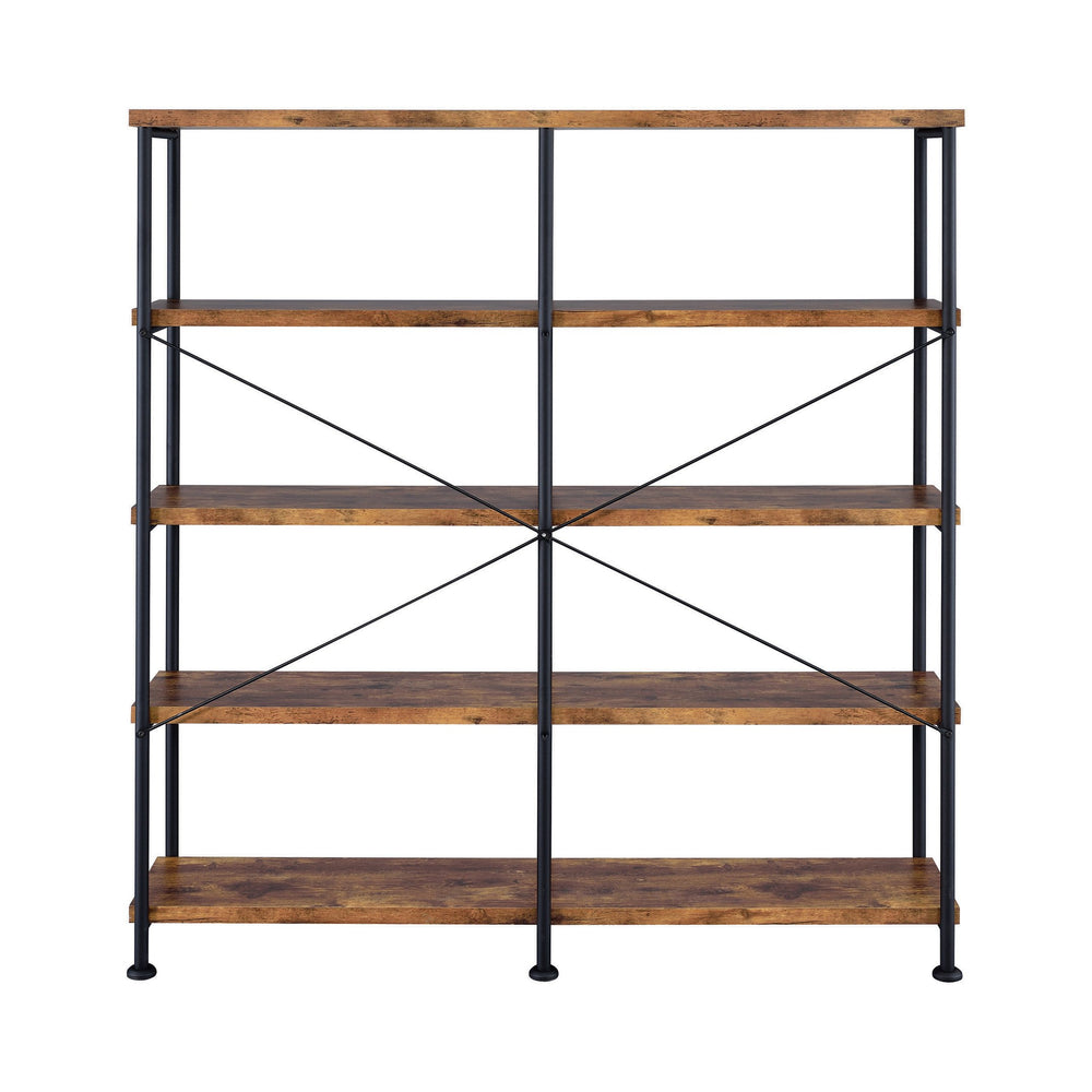 English Elm Antique Industrial Double-Wide Bookcase with Metal Pipe Frame, 4-Tier Rustic Nutmeg Shelves, 44 lb B062P153778