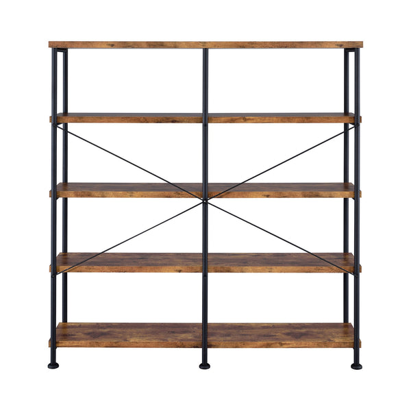 English Elm Antique Industrial Double-Wide Bookcase with Metal Pipe Frame, 4-Tier Rustic Nutmeg Shelves, 44 lb B062P153778