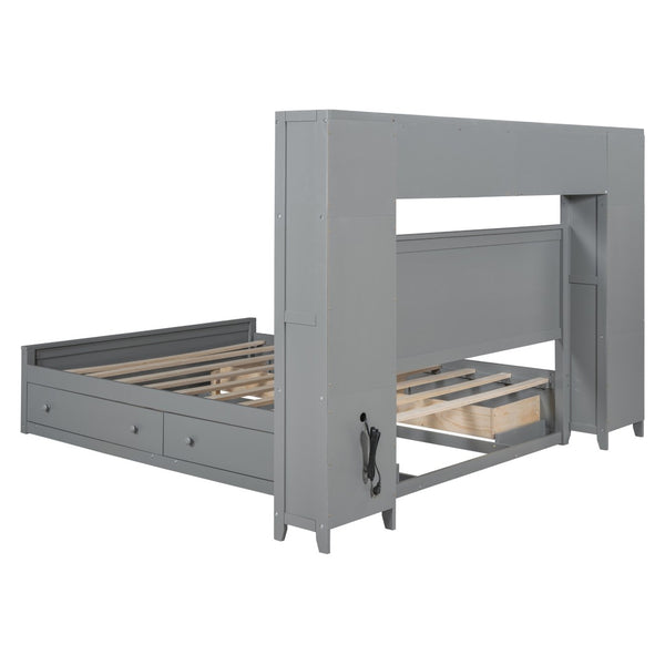 English Elm Queen Storage Bed with Shelving Cabinets Built-in Outlets and Four Under Drawers Gray LP000742AAE