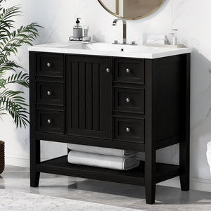 English Elm 36" Bathroom Vanity With Sink Combo, One Cabinet and Three Drawers, Solid Wood and Mdf Board, Black