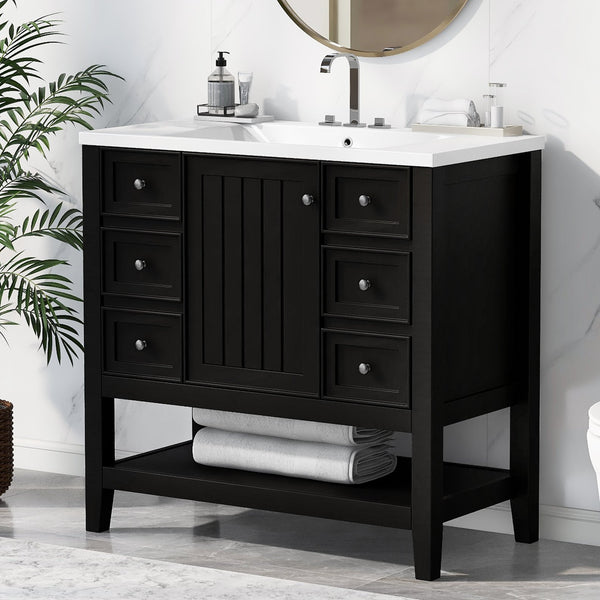English Elm 36" Bathroom Vanity With Ceramic Sink, Solid Wood Frame, Modern Black Finish & Ample Storage Solutions N725P246500B