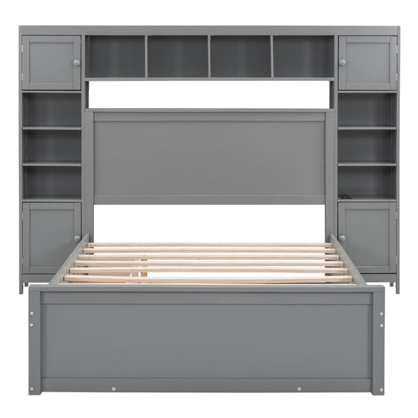 English Elm Full Platform Bed with Storage Headboard Built-in Outlets Shelving and Twin Trundle Gray LP000642AAE