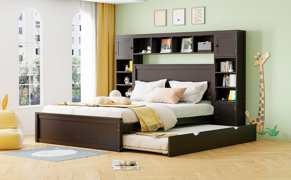 English Elm Queen Platform Bed with Headboard Storage Shelves Built-in Outlets and Trundle Drawer Espresso LP000842AAP
