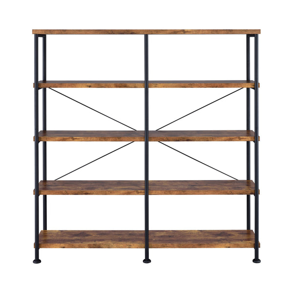 English Elm Antique Industrial Double-Wide Bookcase with Metal Pipe Frame, 4-Tier Rustic Nutmeg Shelves, 44 lb B062P153778