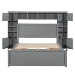 English Elm Queen Storage Bed with Shelving Cabinets Built-in Outlets and Four Under Drawers Gray LP000742AAE