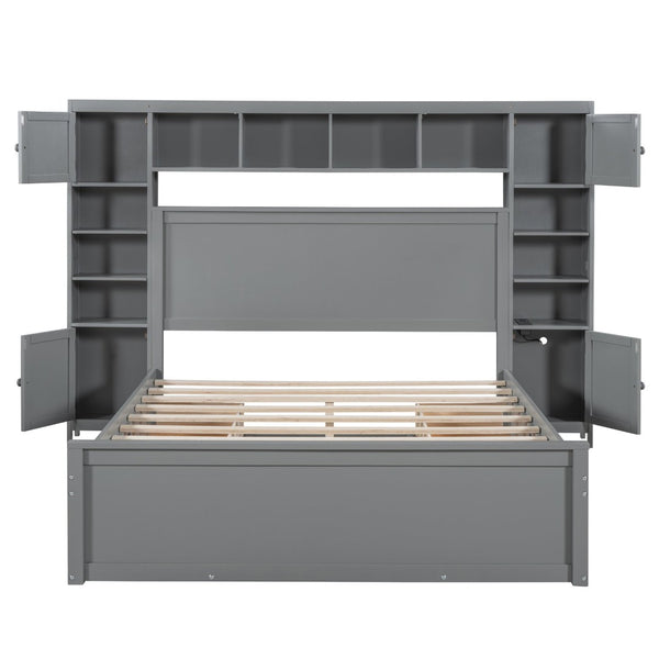 English Elm Queen Storage Bed with Shelving Cabinets Built-in Outlets and Four Under Drawers Gray LP000742AAE