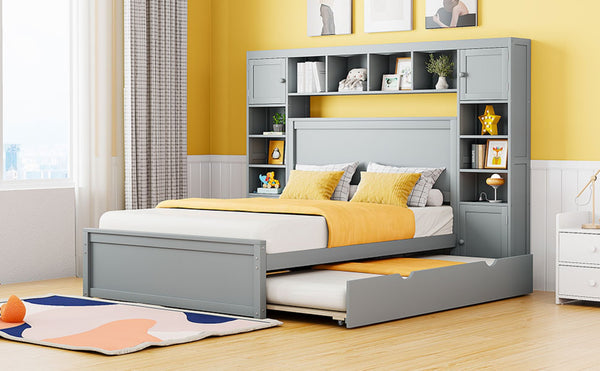 English Elm Full Platform Bed with Storage Headboard Built-in Outlets Shelving and Twin Trundle Gray LP000642AAE