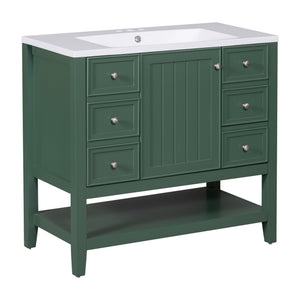 English Elm 36" Bathroom Vanity With Ceramic Sink, Solid Wood, 3 Drawers & Adjustable Shelf In Elegant Green Finish N725P246500G