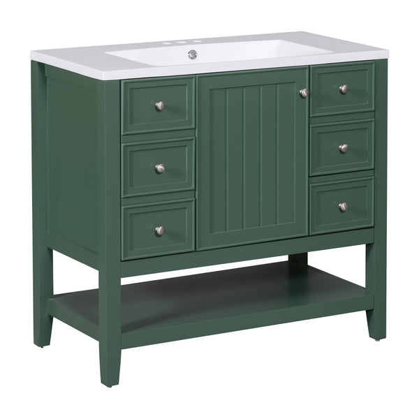 English Elm 36" Bathroom Vanity With Ceramic Sink, Solid Wood, 3 Drawers & Adjustable Shelf In Elegant Green Finish N725P246500G