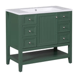 English Elm 36" Bathroom Vanity With Sink Combo, One Cabinet and Three Drawers, Solid Wood and Mdf Board, Green