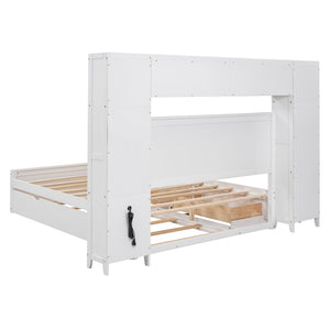English Elm Queen Platform Bed with Headboard Storage Shelves Built-in Outlets and Trundle Drawer White LP000842AAK