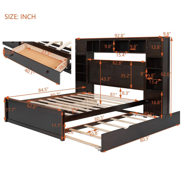 English Elm Queen Platform Bed with Headboard Storage Shelves Built-in Outlets and Trundle Drawer Espresso LP000842AAP