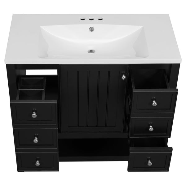 English Elm 36" Bathroom Vanity With Ceramic Sink, Solid Wood Frame, Modern Black Finish & Ample Storage Solutions N725P246500B