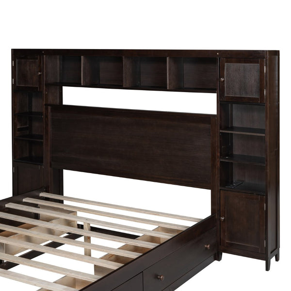 English Elm Queen Storage Bed with Shelving Cabinets Built-in Outlets and Four Under Drawers Espresso LP000742AAP