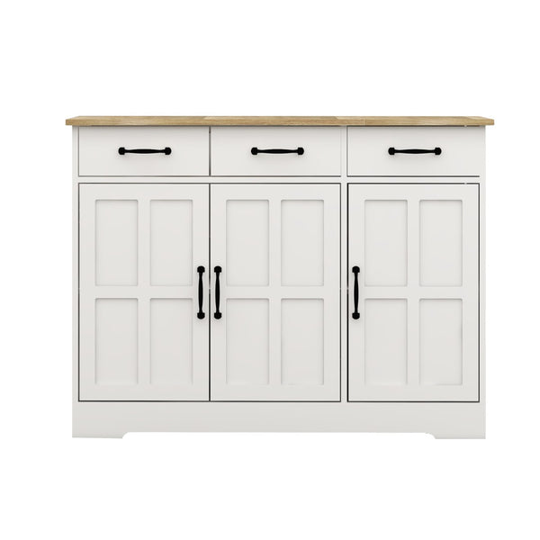 English Elm Farmhouse Buffet Sideboard with 3 Drawers and Doors White Dining Storage Cabinet W282138084