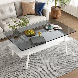 English Elm Coffee Table And End Tables Set Of 3 - Modern Gray Glass With Mdf Shelf, Stylish Living Room Furniture W241S00042
