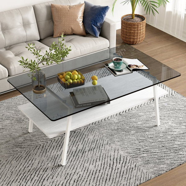 English Elm Coffee Table And End Tables Set Of 3 - Modern Gray Glass With Mdf Shelf, Stylish Living Room Furniture W241S00042