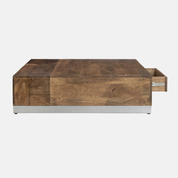 English Elm Luxvil Solid Mango Wood Square Coffee Table Geometric Carved Top Metal Base Living Room B024P156852