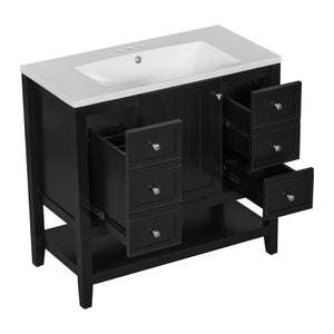 English Elm 36" Bathroom Vanity With Ceramic Sink, Solid Wood Frame, Modern Black Finish & Ample Storage Solutions N725P246500B