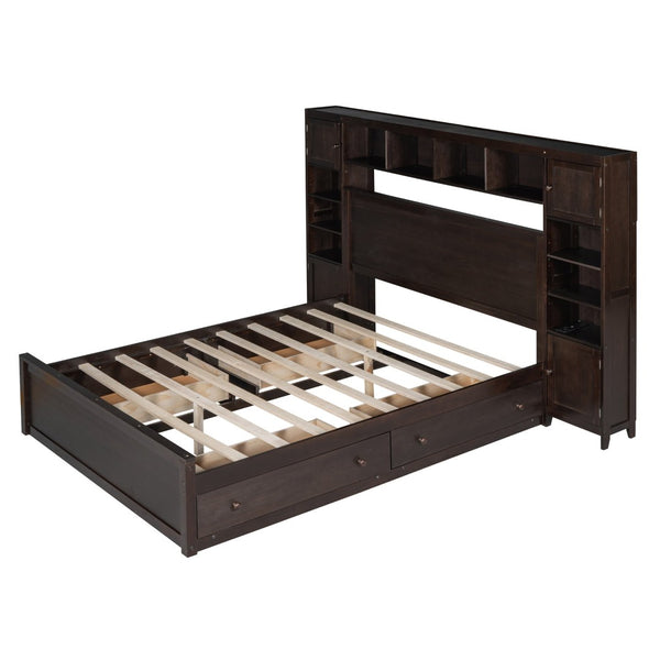 English Elm Queen Storage Bed with Shelving Cabinets Built-in Outlets and Four Under Drawers Espresso LP000742AAP