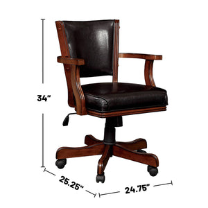 English Elm Leatherette Padded Arm Chair with Casters in Cherry & Espresso, Easy-Clean Black Upholstery, Mobile Comfort for Living Rooms and Entertainment Spaces B016P156862