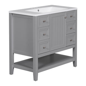 English Elm 36" Stylish Bathroom Vanity With Ceramic Sink, Solid Wood, 1 Cabinet & 3 Drawers, Grey Finish N725P246500E